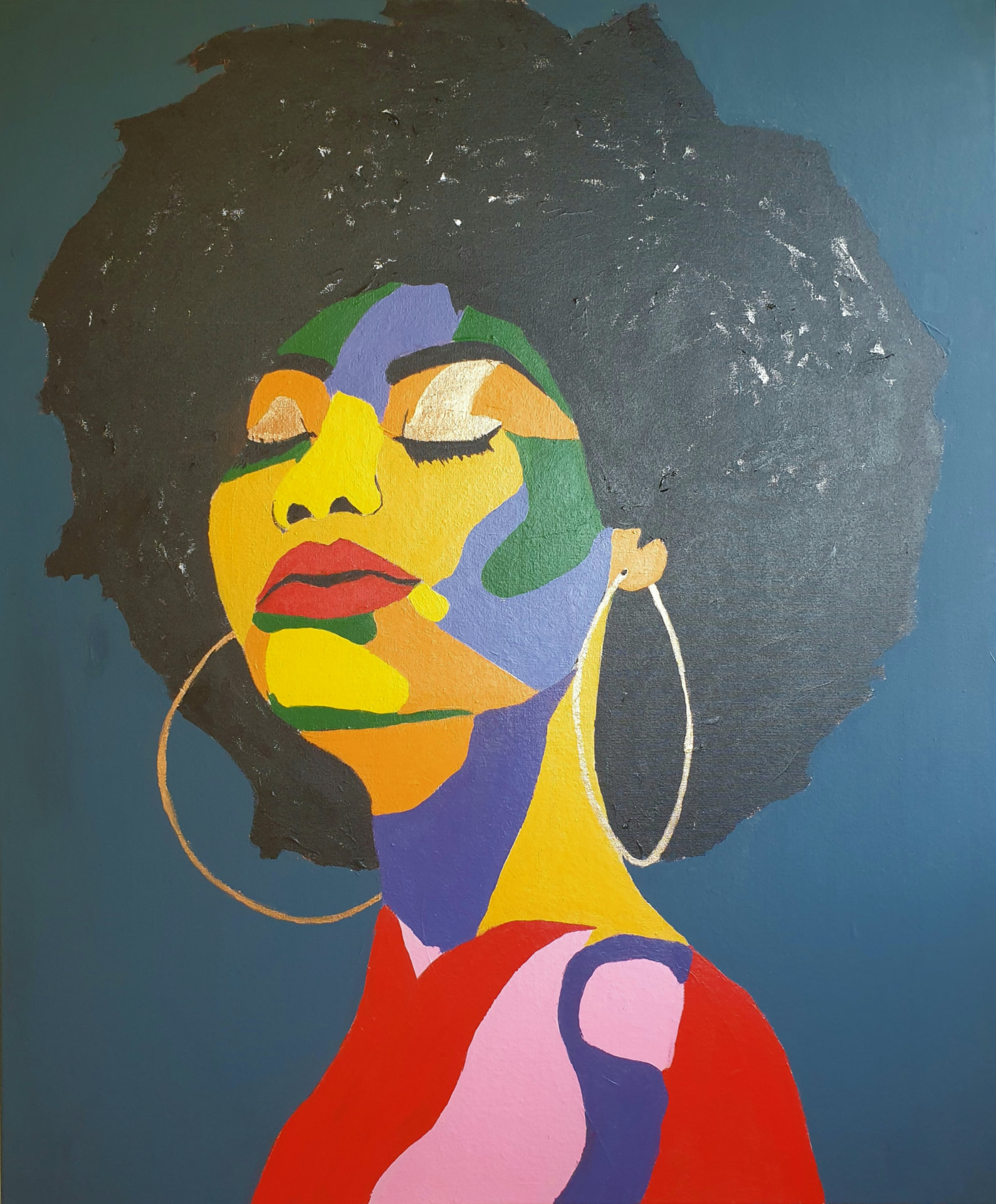 Colourful portrait of a woman with an afro, gold hoop earrings and a red top on a deep teal background