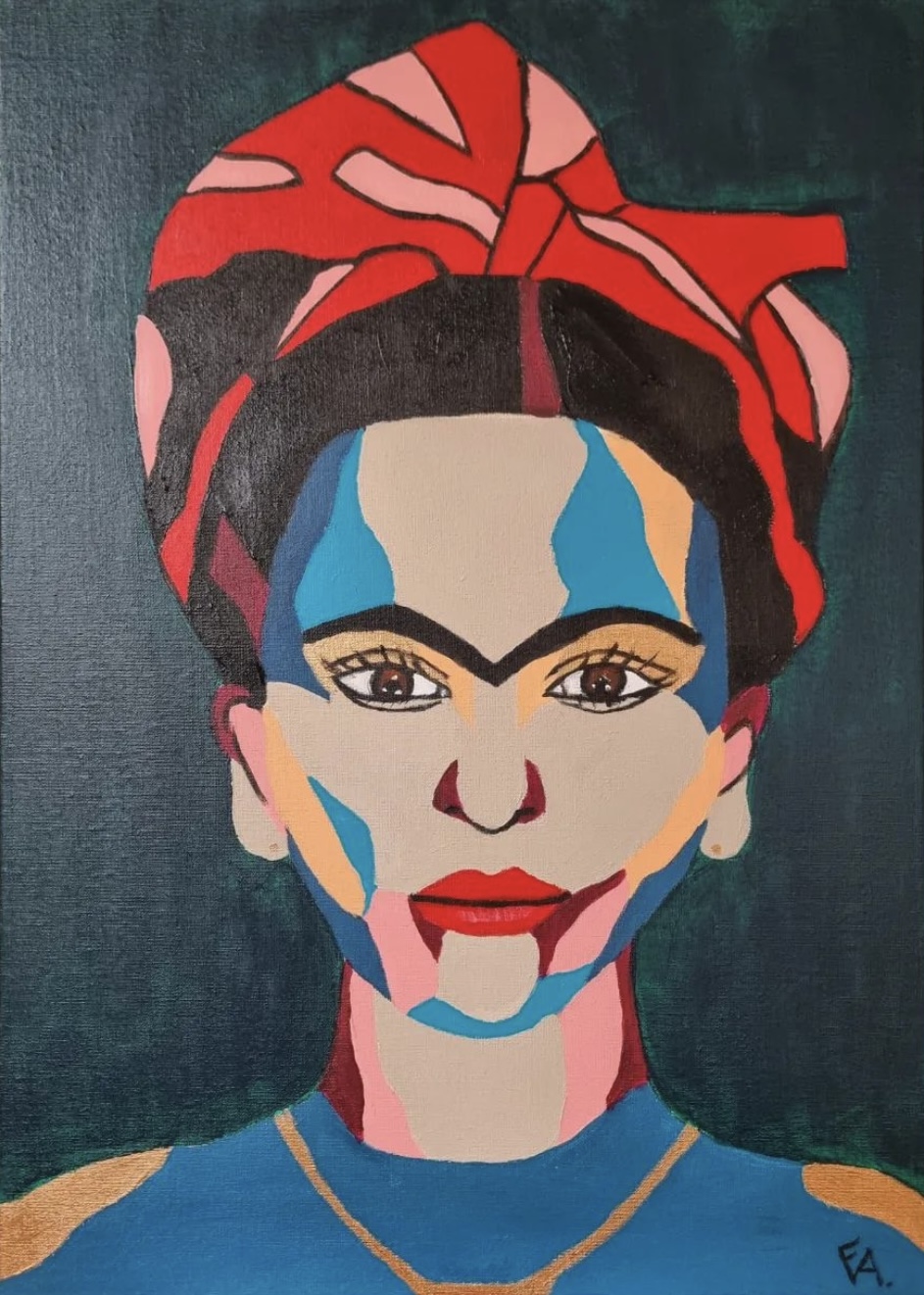 Colourful painted portrait of a woman with a red headwrap