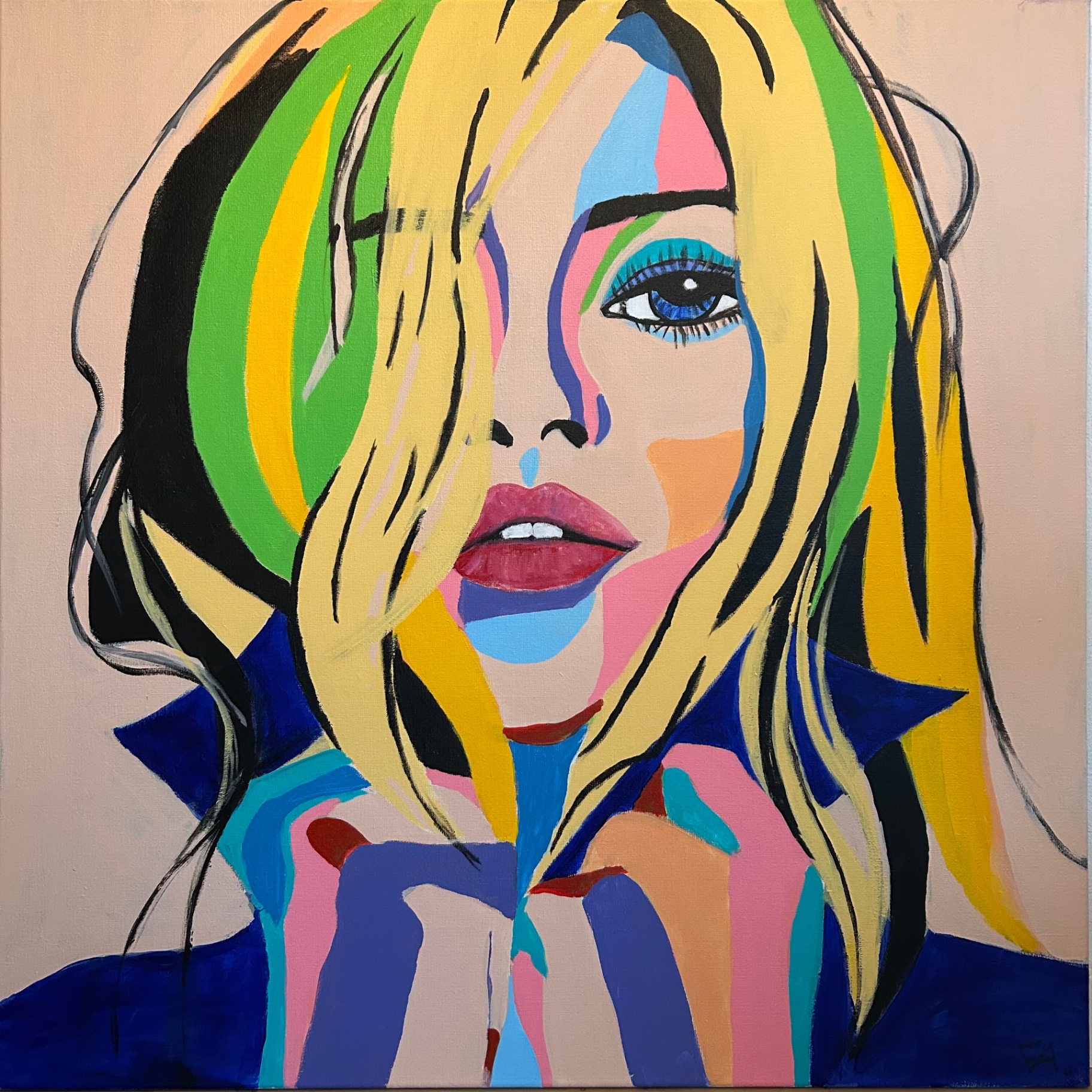 Colourful portrait of a blonde woman with green, yellow and blue shapes on a soft blush background