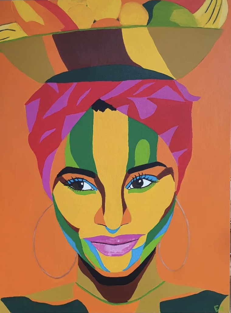 Colourful painted portrait of a woman carrying fruit on her head