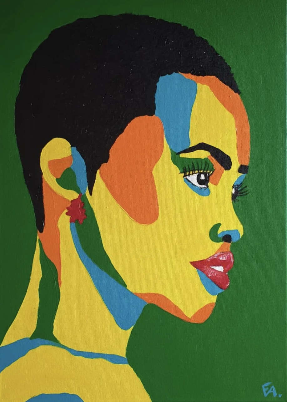 Colourful profile portrait of a woman in yellow, orange and blue planes on a deep green background