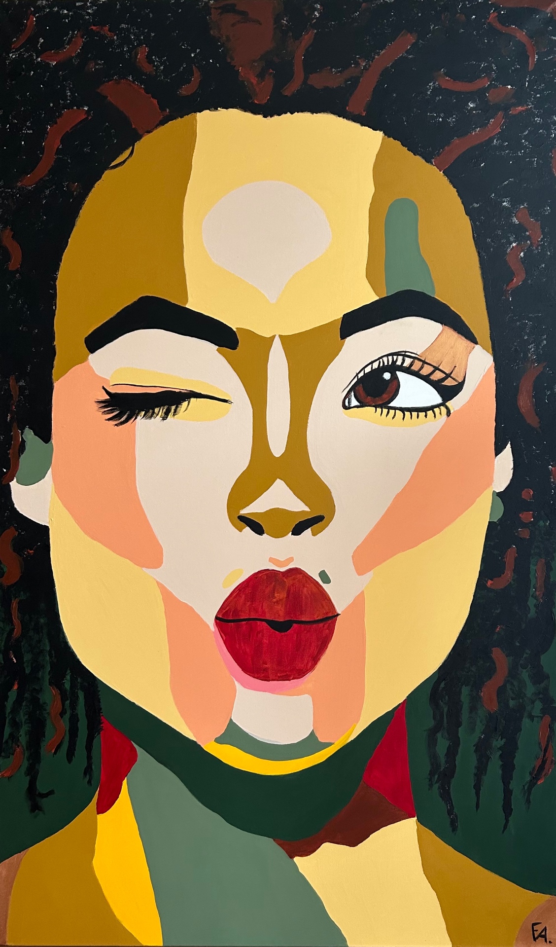 Bold colourful portrait with geometric planes of mustard, green and blush